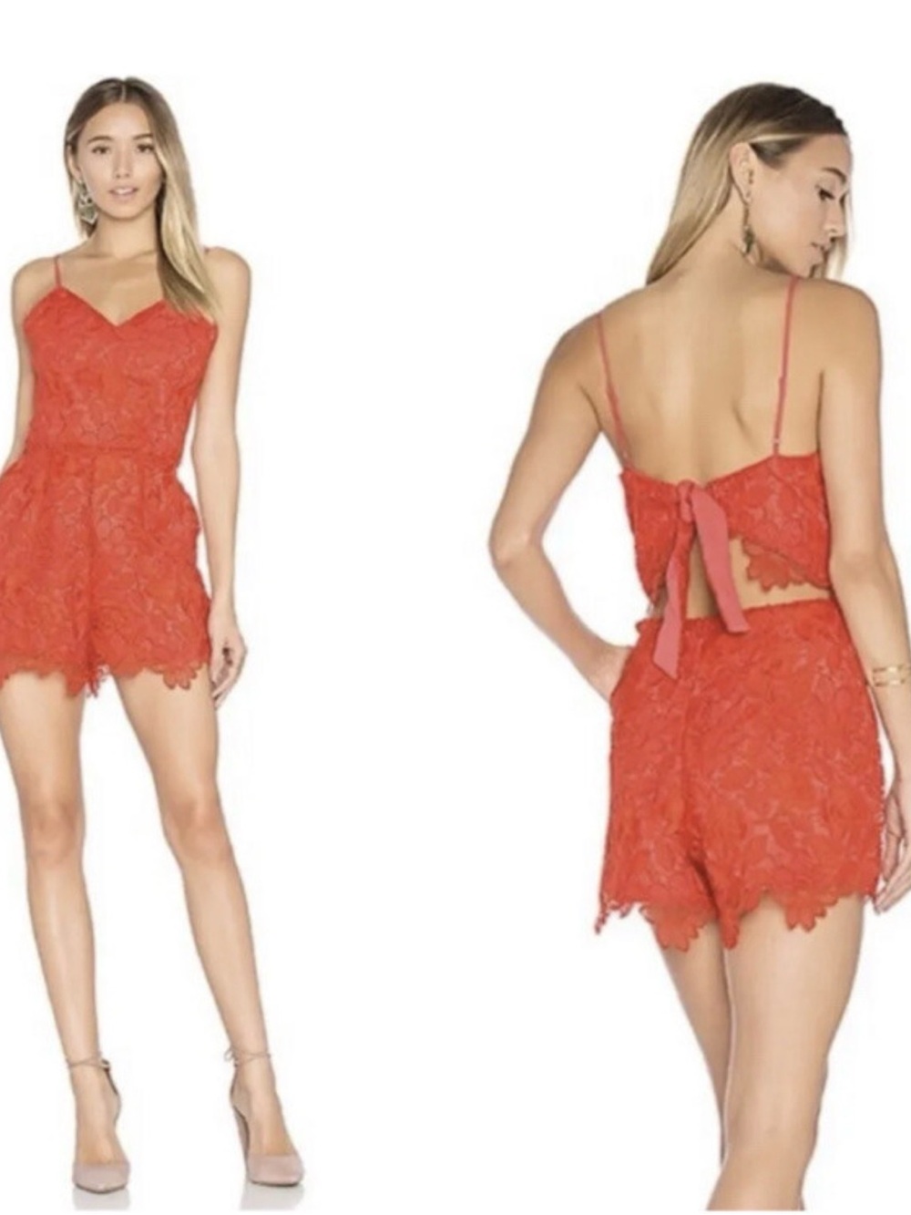 Lovers + Friends Coral-Red Lace Cami Romper with Back Tie